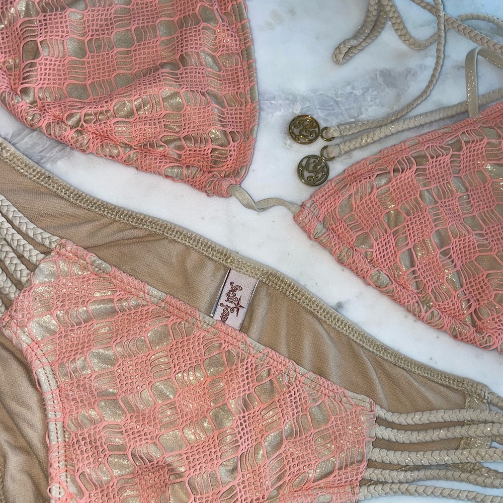 Multi strap ruched bikini top- pink / gold luli fama size Large